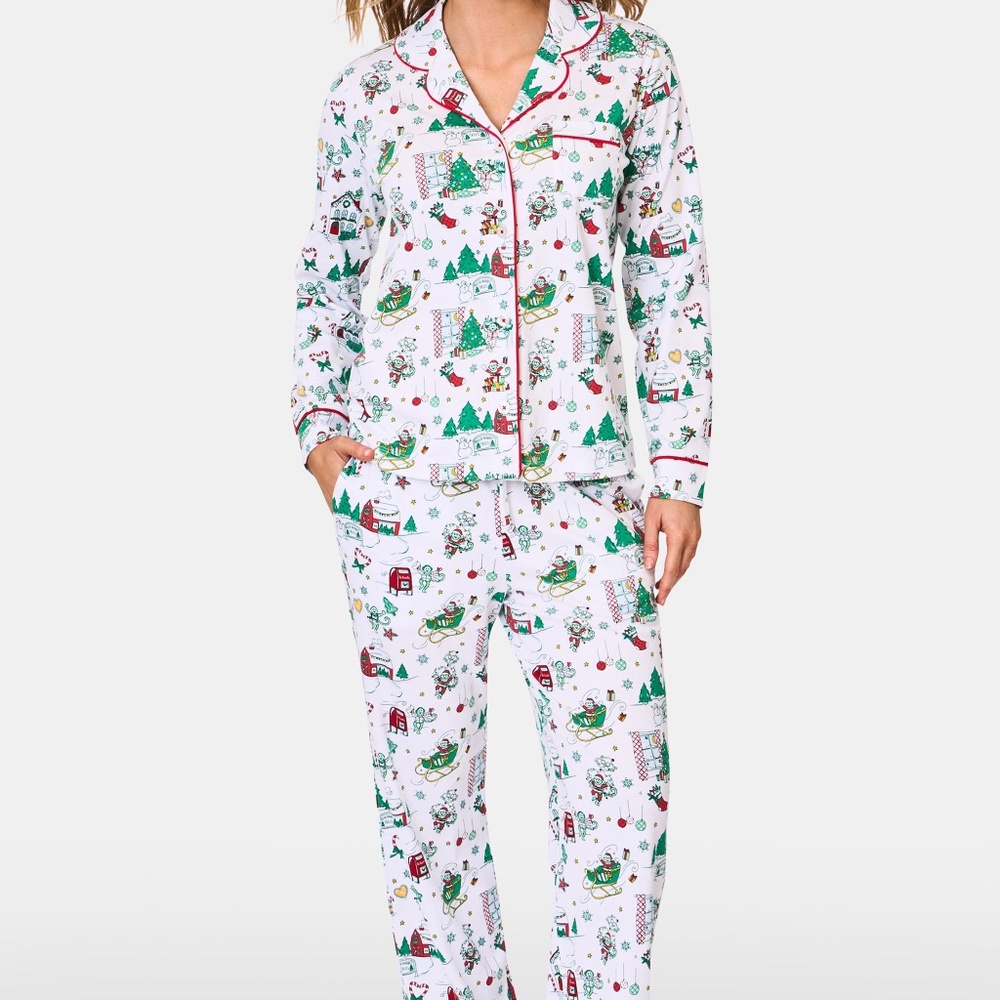 Roller Rabbit Snow Village Long Sleeve Polo Pajamas Size XSGREEN / XS